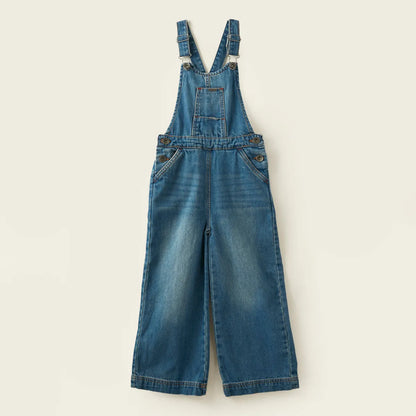 Blue denim overalls with bib, adjustable straps, front pocket, and two hip pockets