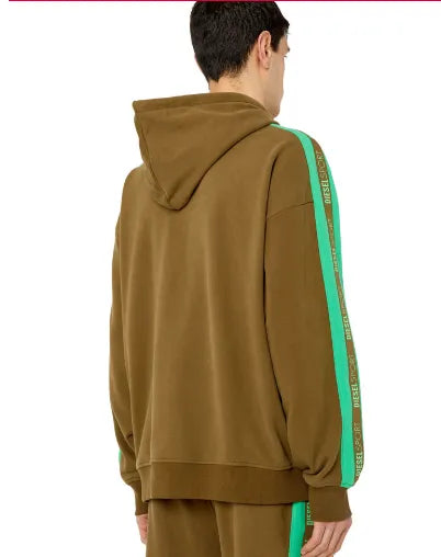Men's olive-brown hoodie with green stripe tape on sleeves and back hood