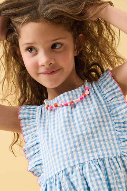 Pink and red heart bead necklace with pearl-look beads