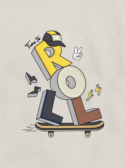 Beige cotton T-shirt front with large robot on skateboard illustration