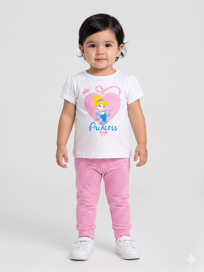 White kids T-shirt with princess graphic and pink polka-dot jogger pants set