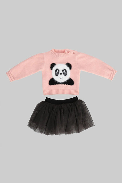 Pink knit baby sweater with panda face patch and black tulle skirt set