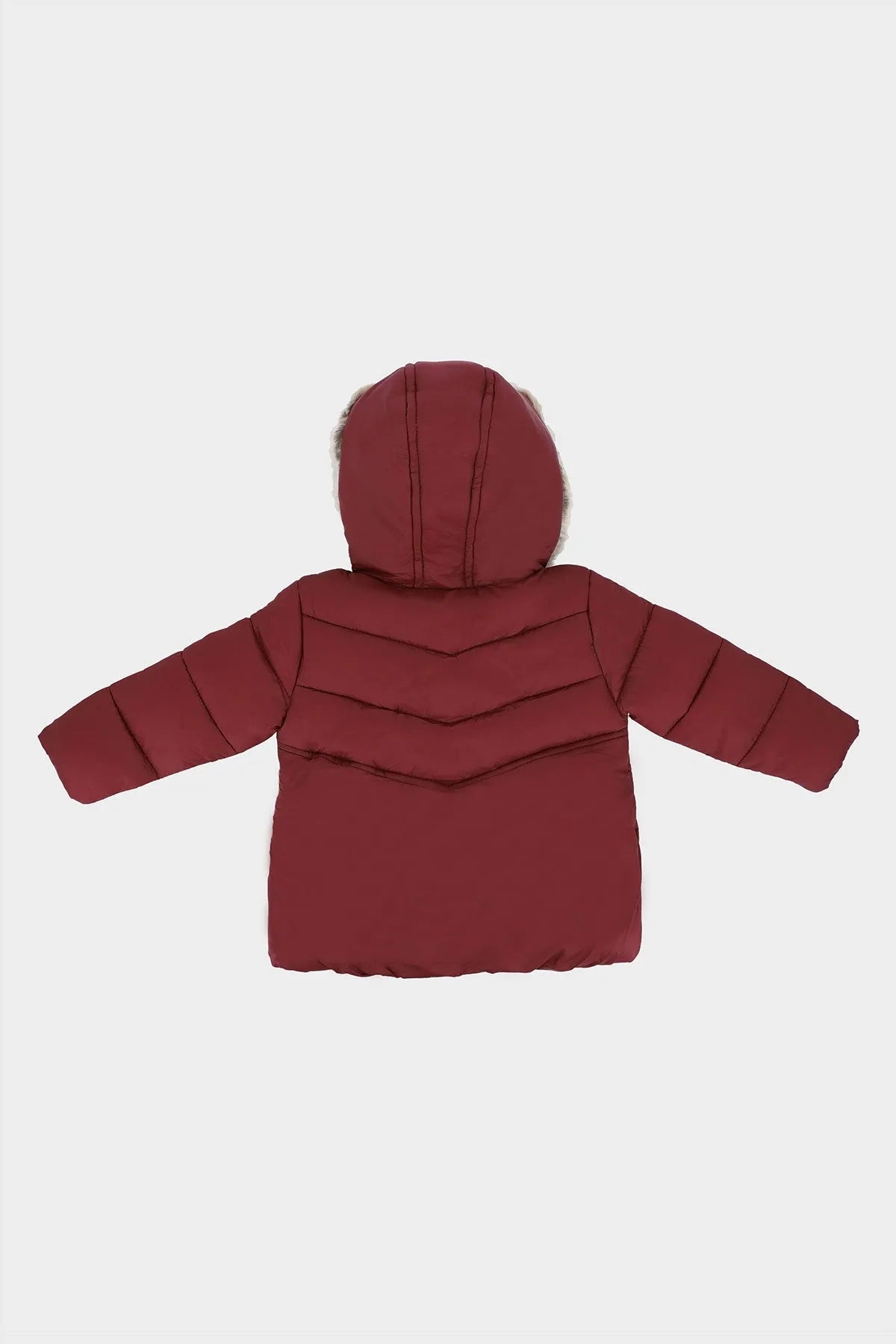 Kids maroon puffer jacket back view with fur-lined hood and padded sleeves