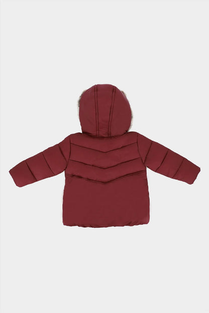 Kids maroon puffer jacket back view with fur-lined hood and padded sleeves