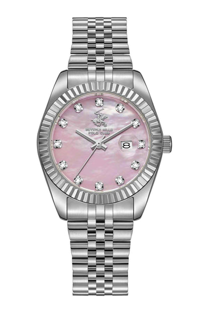 BHPC silver watch with pink dial, crystal markers, and date window at 8