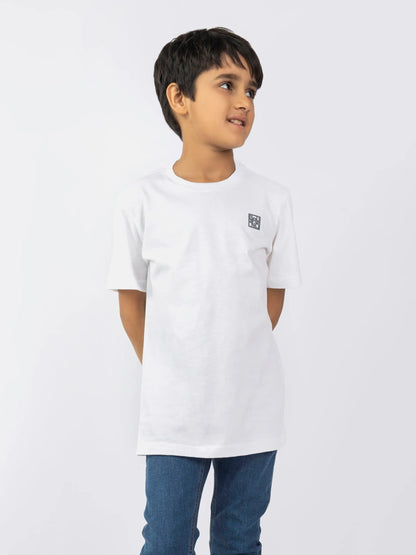 White cotton kids T-shirt with small chest square logo