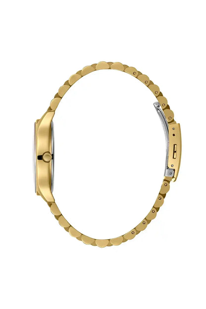 Gold metal wristwatch with link bracelet and gold case, crown on right, dial not shown