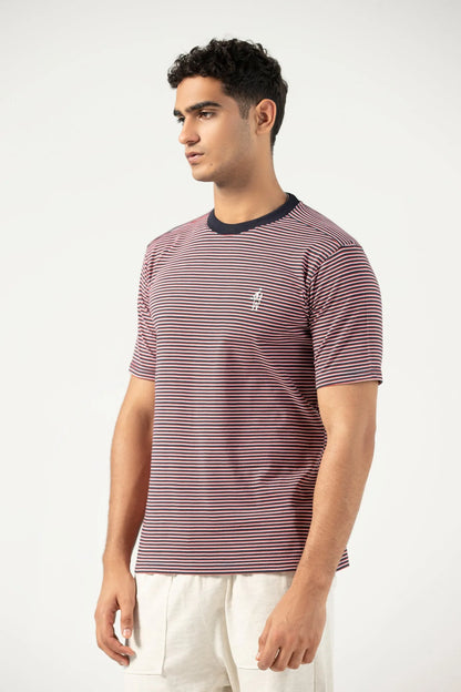 Men's striped crewneck T-shirt, maroon and navy, side view with small chest logo