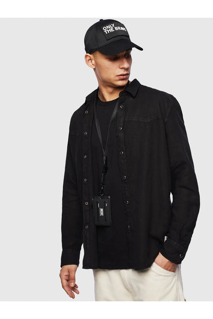 Black button-up shirt with chest pocket and front button closure