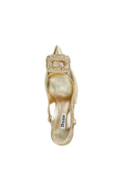 Gold slingback stiletto heels with jeweled ankle buckle and pointed toe
