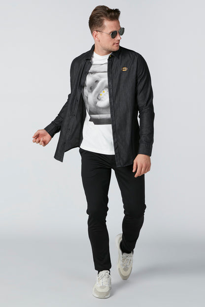 Black button-front shirt jacket with collar and small chest logo