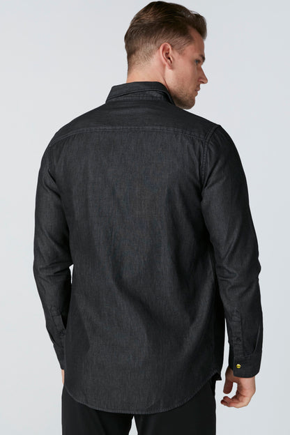 Black back view of button-front shirt jacket with yoke and logo tab