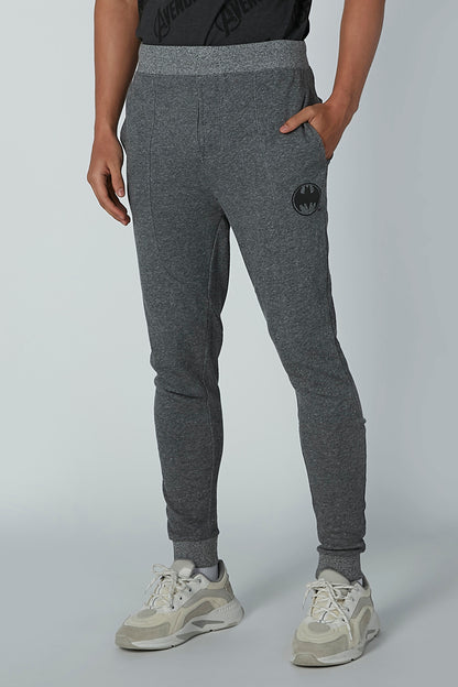 Grey heather jogger pants with logo patch on thigh and elastic cuff