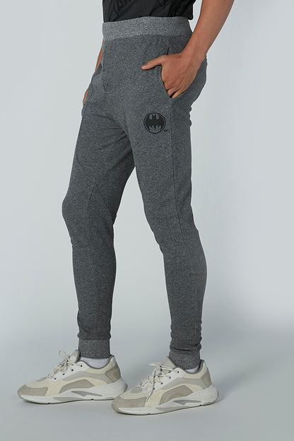 Grey heather jogger pants, side view, logo patch and side pocket