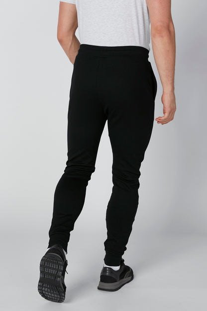 Men's black tapered jogger pants with elastic cuffs