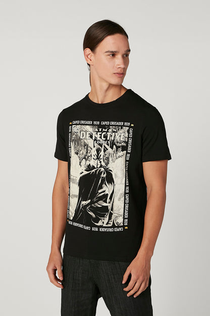 Black graphic T-shirt with Detective comics style poster print, short sleeves