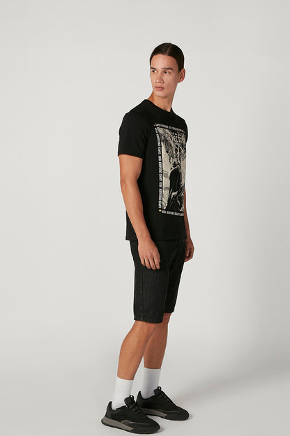 Black graphic T-shirt, side view, tall vertical illustration print, crew neck