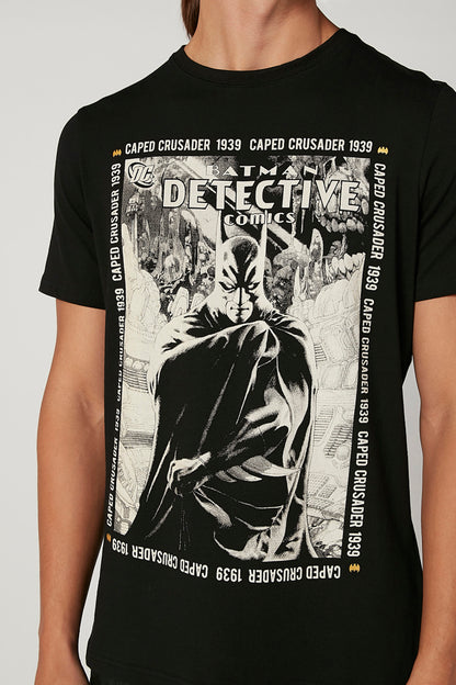 Black T-shirt with large Detective comic graphic and stacked text, crew neck