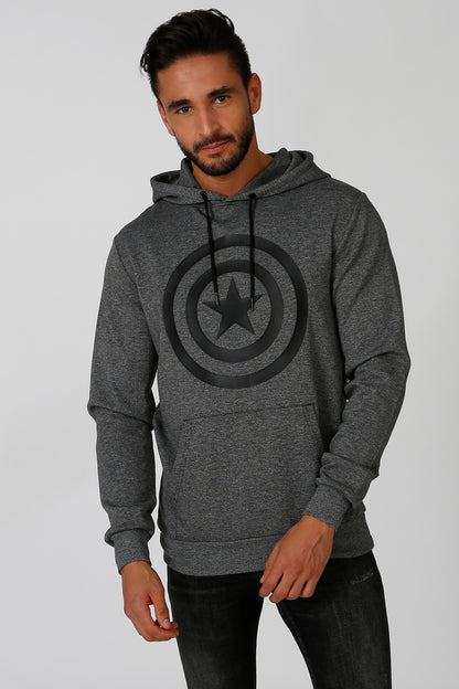 Grey heather pullover hoodie with front circular star graphic and drawstring hood