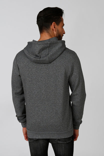 Grey heather pullover hoodie back view with hood and long sleeves