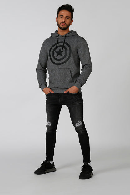 Grey heather hoodie with front circular star logo, kangaroo pocket, long sleeves