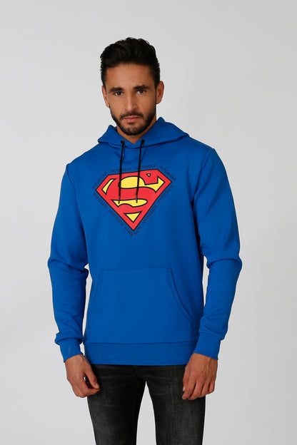 Blue Superman logo pullover hoodie with hood and kangaroo pocket