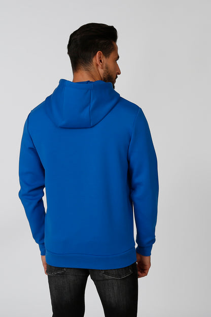 Blue pullover hoodie back view with hood and long sleeves