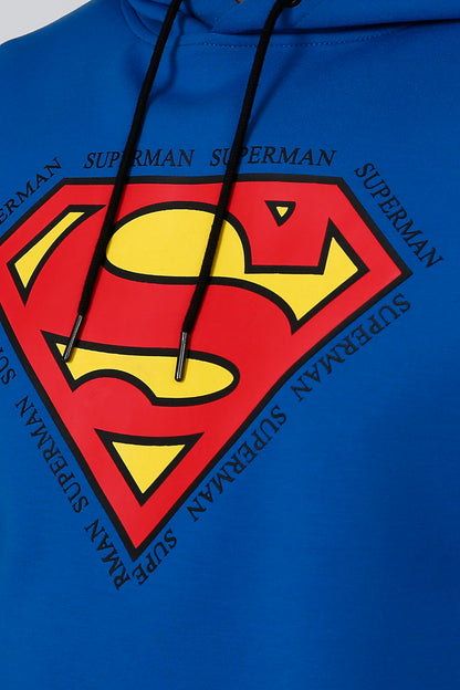 Blue hoodie close-up: Superman emblem graphic with drawstring hood