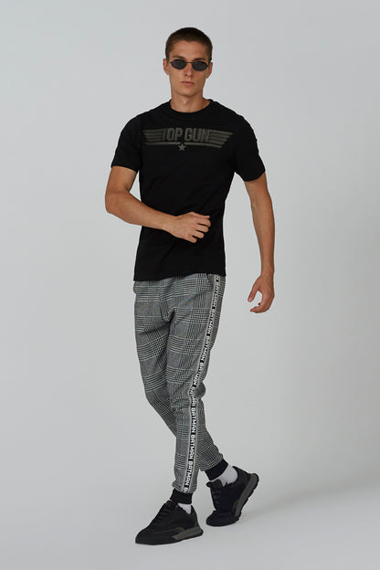 Gray plaid jogger pants with side stripe elastic waistband and drawstring