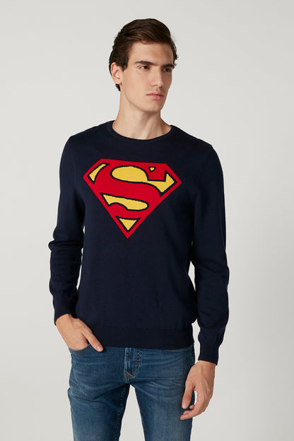 Men's navy crewneck sweatshirt with large Superman emblem graphic