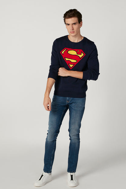 Men's navy long-sleeve sweatshirt with Superman logo graphic, crew neck