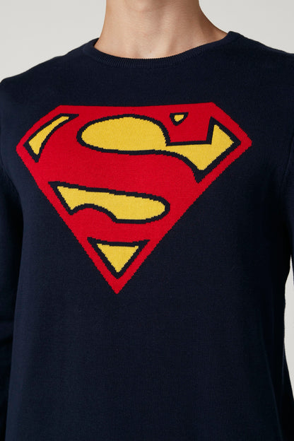 Navy crewneck sweatshirt with red and yellow Superman emblem on chest