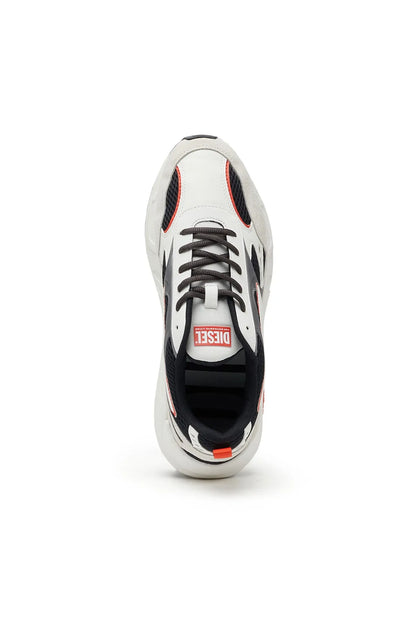 Diesel lace-up sneakers viewed from the front; white upper with black lining