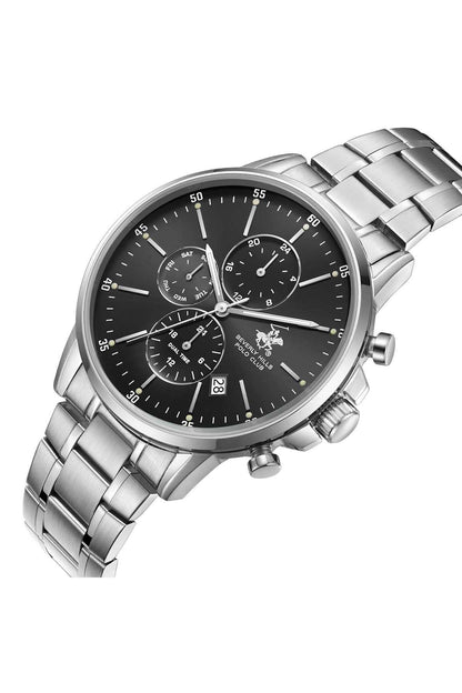 BHPC silver wristwatch, angled view with black dial, three subdials and metal link band