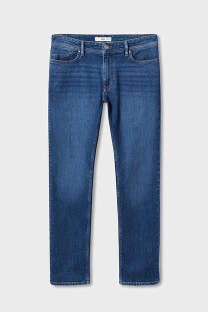 Blue wash straight-leg denim jeans with five-pocket styling
