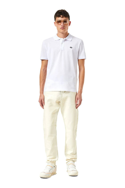 White polo shirt with short sleeves, button placket, and small chest logo