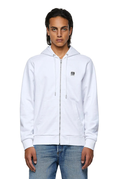 White zip-up hoodie with drawstring hood and front zipper, small chest logo patch.