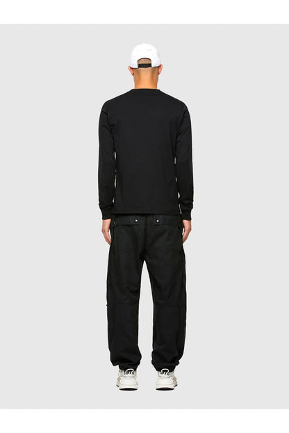 Black crewneck sweatshirt and black cargo-style pants, rear view