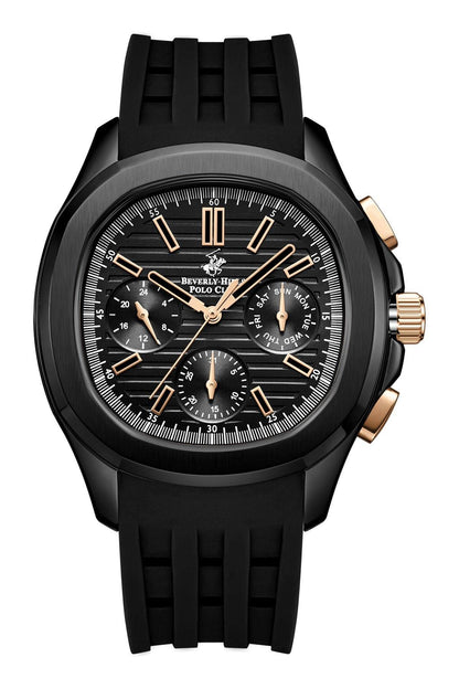 BHPC black chronograph watch with round dial, gold-tone hour markers, silicone strap