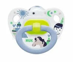 Light blue silicone pacifier with NUK logo and animal graphic