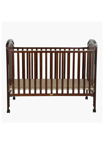 Black and brown wooden baby crib with vertical slat sides and arched end rails