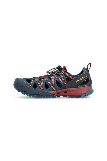 Merrell trail shoes, dark blue with red accents and orange laces, side view