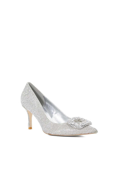 Silver rhinestone pointed-toe pump with bow and stiletto heel