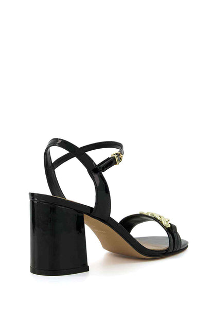 Dune London black heeled sandals with open toe and gold logo strap buckle