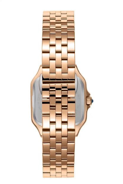 BHPC rose gold watch with blue dial, curved metal case, and link bracelet