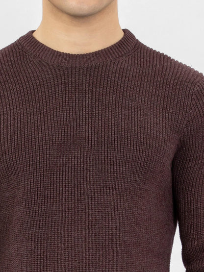 Maroon cotton crewneck sweater knit texture close-up