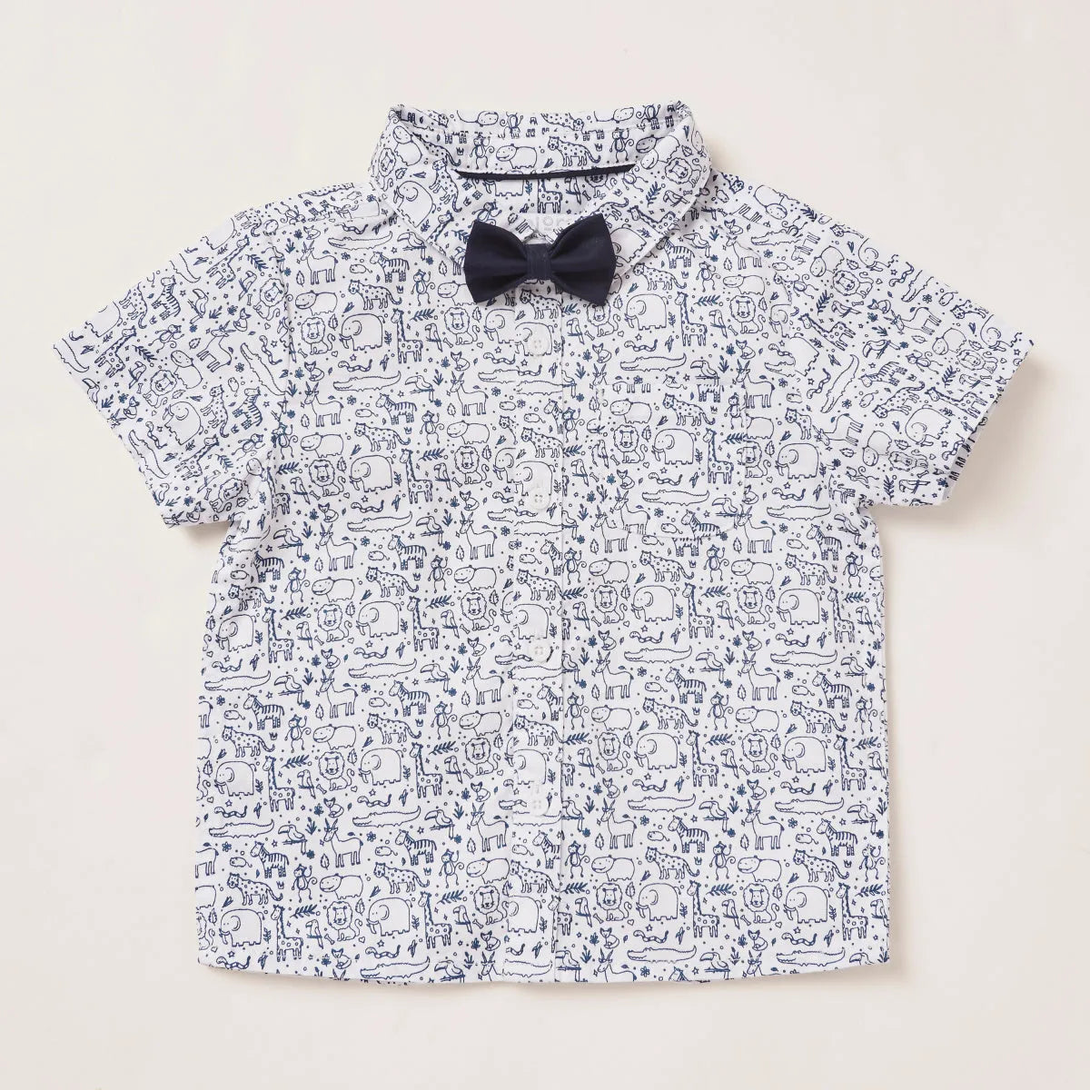 Printed short-sleeve button shirt with black bow tie, white with dark line art