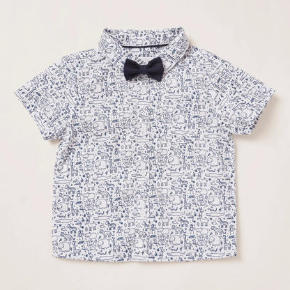 Printed short-sleeve button shirt with black bow tie, white with dark line art
