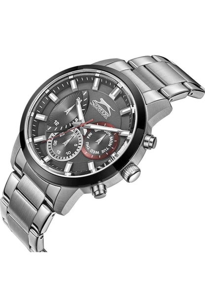 SLAZENGER silver-tone wristwatch angled view, dark dial with three subdials