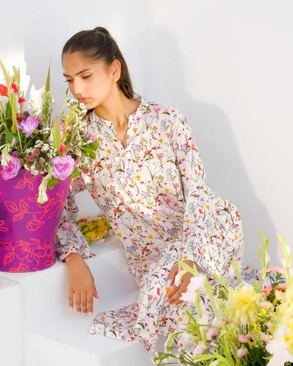 Floral print midi dress with long sleeves and V-neck, white with small multicolor flowers
